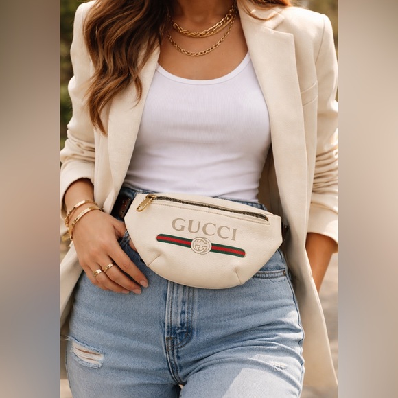 Gucci Handbags - Authentic Gucci Cream Leather Small Belt Bag with Green & Red Web